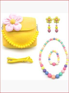 Plush handbag with shoulder strap, clip-on earrings, beaded necklace and